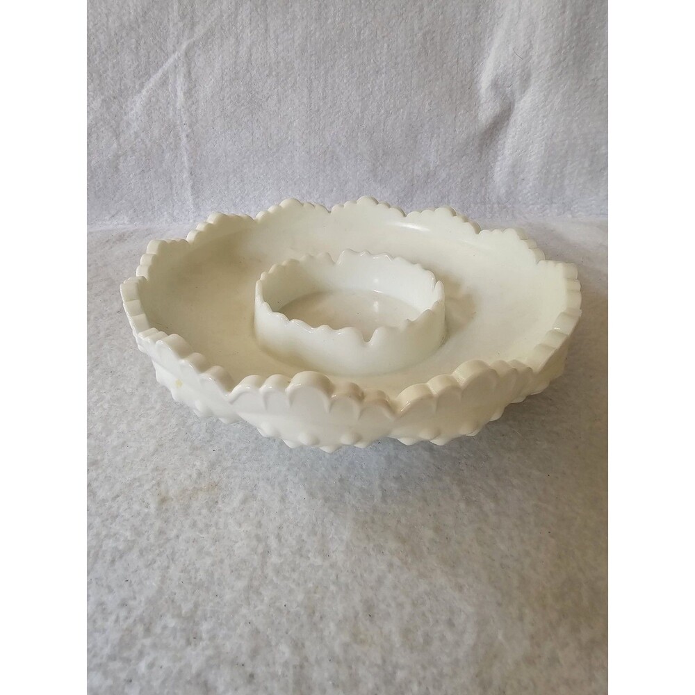 Fenton White Milk Glass Hobnail Chip Dip Snack Bowl Hobnail Heavy Sawtooth Edge